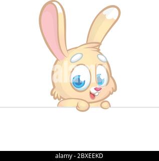 Cartoon bunny rabbit holding blank empty scroll of paper or sign for text. Vector illustration of bunny isolated Stock Vector