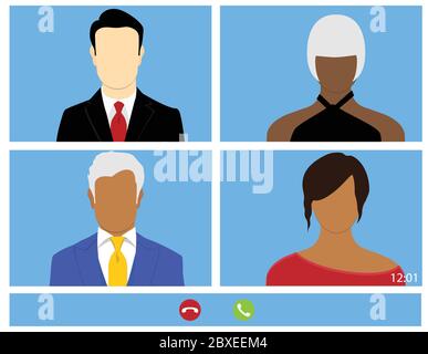 Talking to colleagues about plan in video conference. Multiethnic business team online meeting in video call. Group of people smart working from home Stock Vector