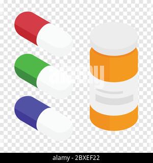 Medical pills and drug bottle. Medicine healthcare vitamins and antibiotics capsule, pharmaceutical painkiller drugs isolated vector icons set. Antibi Stock Vector