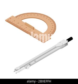 Wooden ruler protractor and drawing compass vector. Metric Imperial. Centimeter. Classic education measure tool equipment isolated on white background Stock Vector