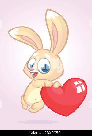Cartoon cute Bunny rabbit holding a heart love. Vector illustration for St Valentines Day. Isolated Stock Vector