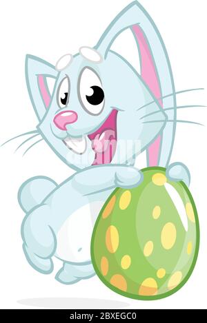 Easter blue bunny with easter colored egg. Vector illustration of a blue rabbit holding Easter colored egg Stock Vector