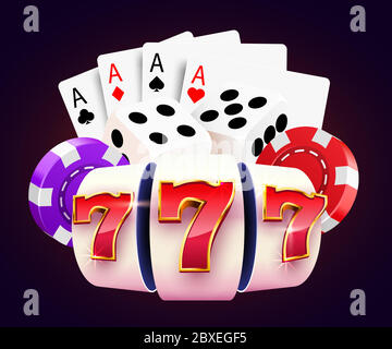 Golden slot machine, dices, poker cards wins the jackpot. 777 Big win concept. Casino jackpot. Vector illustration Stock Vector Image & Art - Alamy