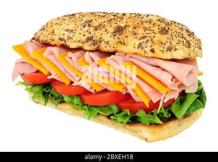 Cheese and ham salad sandwich roll isolated on a white background Stock Photo