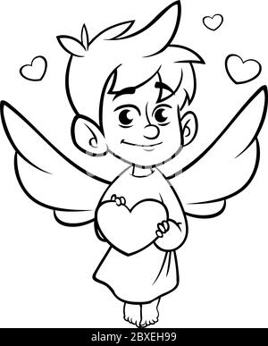 Illustration of outlined baby cupid hugging a heart . Cartoon coloring illustration of Cupid character for St Valentine's Day isolated on white Stock Vector