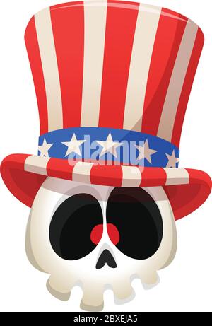Human skull wearing Uncle Sam hat on white background. Cartoon illustration mascot for American Independence Day. 4th of july Stock Vector