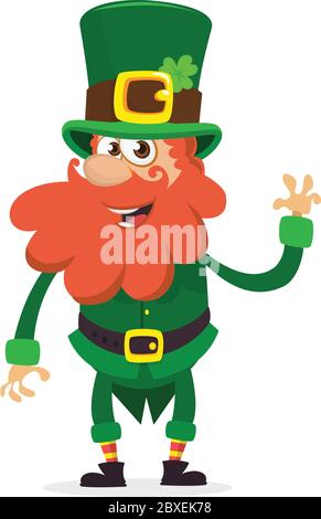 Happy Saint Patrick's Day. Smiling cartoon character leprechaun with green hat waving hand. Vector illustration Stock Vector