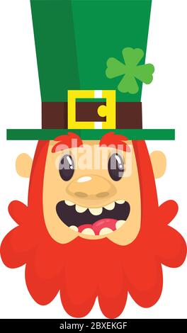 Cartoon Leprechaun smiling. Head with Red beard. Portrait for St. Patricks Day. Vector illustration Stock Vector