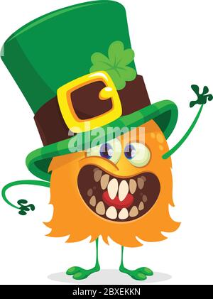 Vector Illustration of St. Patrick's Day Happy Leprechaun monster waving. For Greeting Card. Stock Vector