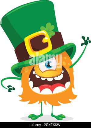 St. Patrick's day. Cartoon one eyed monster wearing irish hat with a four leaf clover isolated on white background. Vector illustration Stock Vector