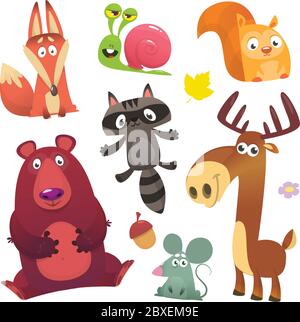 Cartoon forest animals set. Flat vector illustrations design. Squirrel, snail,raccoon, mouse, fox,deer or moose, bear Stock Vector