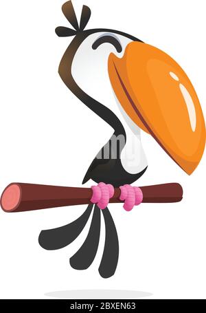 Funny toucan cartoon. Vector toucan bird sitting on the branch. Illustration isolated Stock Vector