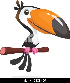 Funny toucan cartoon. Vector toucan bird sitting on the branch. Illustration isolated Stock Vector