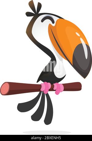 Funny toucan cartoon. Vector toucan bird sitting on the branch. Illustration isolated Stock Vector