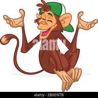 Cute cartoon monkey chimpanzee wearing hat. Vector illustration Stock Vector
