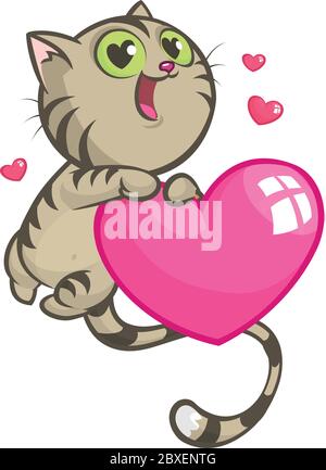 Cartoon funny kitty holding a heart love. Vector illustration for St Valentines Day. Isolated Stock Vector