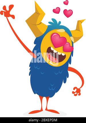 Cartoon blue horned monster in love. St Valentines monster. Illustration Of Loving Monster And Hearts. Stock Vector