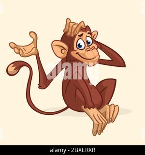 Cute cartoon monkey sitting. Vector illustration of chimpanzee scratching his head. Stock Vector