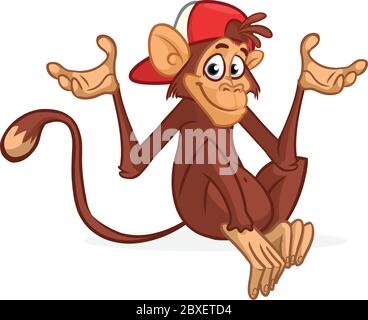Cute cartoon monkey chimpanzee wearing hat. Vector illustration of a monkey Stock Vector