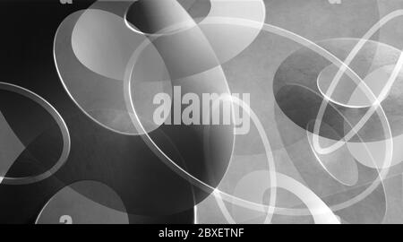 abstract black and white background with oval and circle rings and shapes layered in geometric modern art design with dark and light elements in artis Stock Photo