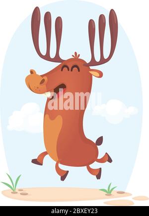 Funny cute cartoon moose character standing on the meadow background with a gras mushroom and flowers. Vector moose illustration isolated. Stock Vector