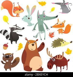 Cartoon forest animal characters. Wild cartoon cute animals set. Big set of cartoon forest animals flat vector illustration design. Squirrel, mouse, b Stock Vector