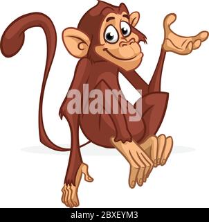 Funny cartoon monkey sitting and presenting. Vector illustration of chimpanzee scratching his head. Stock Vector