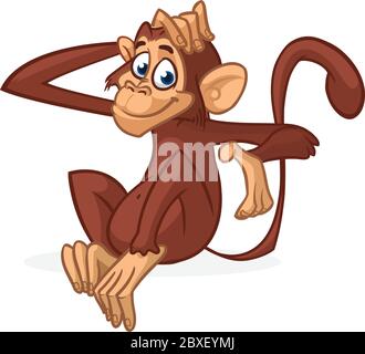 Cute cartoon monkey sitting. Vector illustration of chimpanzee scratching his head. Stock Vector
