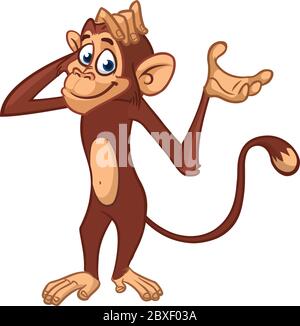 Cute cartoon monkey. Vector illustration of chimpanzee scratching his head. Stock Vector