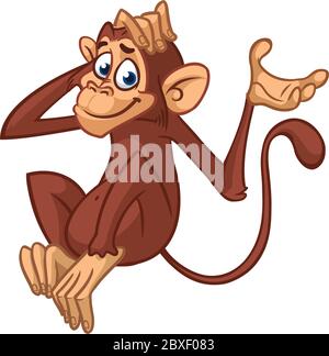 Cute cartoon monkey. Vector illustration of chimpanzee scratching his head. Stock Vector