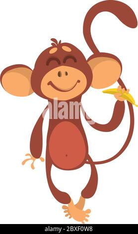 Cute monkey chimpanzee in fun cartoon style holding banana. Vector illustration Stock Vector