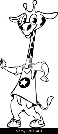 Cartoon giraffe dancing. Vector illustration outlined. Design for coloring book Stock Vector