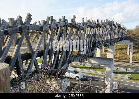 HET WRAKHOUT Pedestrian Bridge providing safe Access across a Motorway to the Beach along the Belgian Coast Stock Photo