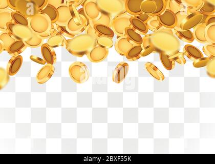 Falling coins, falling money, flying gold coins, golden rain on transparent background. Jackpot or success concept. Vector illustration Stock Vector