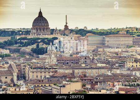 Rome Vatican Italy high angle view sunset city skyline in Retro