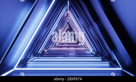 Abstract futuristic corridor with triangles, fluorescent ultraviolet light, colorful laser neon lines, geometric endless tunnel, blue pink spectrum, 3 Stock Photo