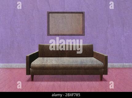 old sofa in an old apartment, frame hanging on the wall. 3d illustration Stock Photo