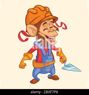 Cartoon construction worker monkey with a trowel. Vector illustration Stock Vector
