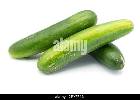 Three cucumbers on an isolated white background Stock Photo