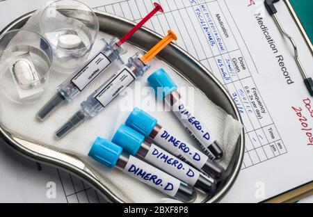 heparin medication for covid-19 patients with elevated blood dimero-D, conceptual image, unbranded generic drug containers Stock Photo