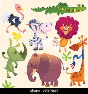 Cartoon African savanna animal set. Wild animals icon collections. Set of cartoon jungle animals flat vector illustration. Crocodile alligator, giraff Stock Vector