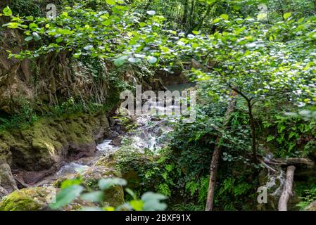 black river that comes from the marmore waterfalls in the middle of nature Stock Photo