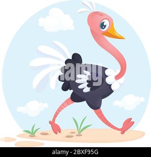 Cute cartoon ostrich character. Wild  animal collection. Baby education. Isolated vector illustration Stock Vector