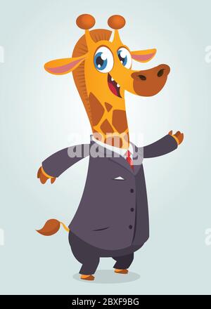 Cartoon brown giraffe dressed up in office suit presenting. Vector art illustration. Fashion animal or business animal. Giraffe mascot businessman Stock Vector