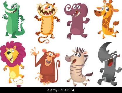 Cartoon tropical African animals set. Wild cartoon cute animals collections vector. Big set of cartoon jungle animals flat vector illustration. Crocod Stock Vector