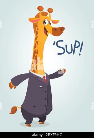 Cartoon brown giraffe dressed up in office suit presenting. Vector art illustration. Fashion animal or business animal. Giraffe mascot businessman Stock Vector