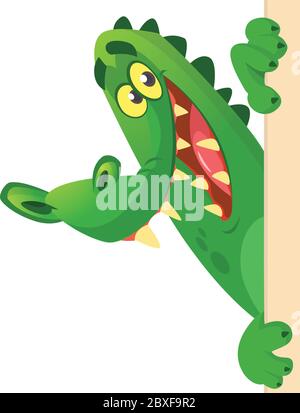 Cartoon crocodile or alligator holding and looking over a blank sign board. Vector illustration Stock Vector