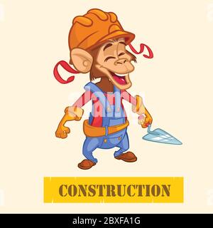 Cartoon engineer monkey with a trowel. Vector illustration with under construction title Stock Vector