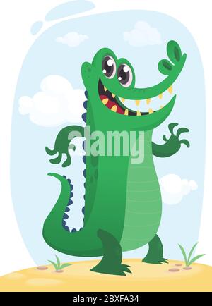 Cool funny cartoon crocodile character. Wild jungle animals collection. Baby education. Isolated. Simple nature swamp background. Vector illustration. Stock Vector