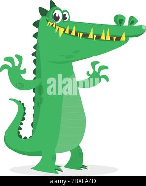 Cute cartoon crocodile. Vector  illustration of a green crocodile waving ahands. Isolated on white Stock Vector